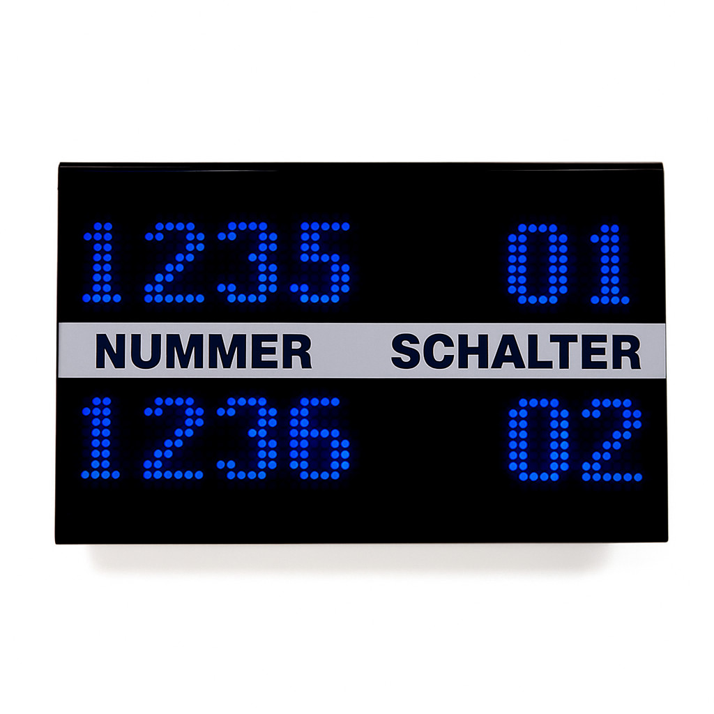 Q-smart Matrix Hauptanzeige mit blauen LED-Ziffern zeigt die Ticketnummern 1235 und 1236 mit den Schalternummern 01 und 02 an.