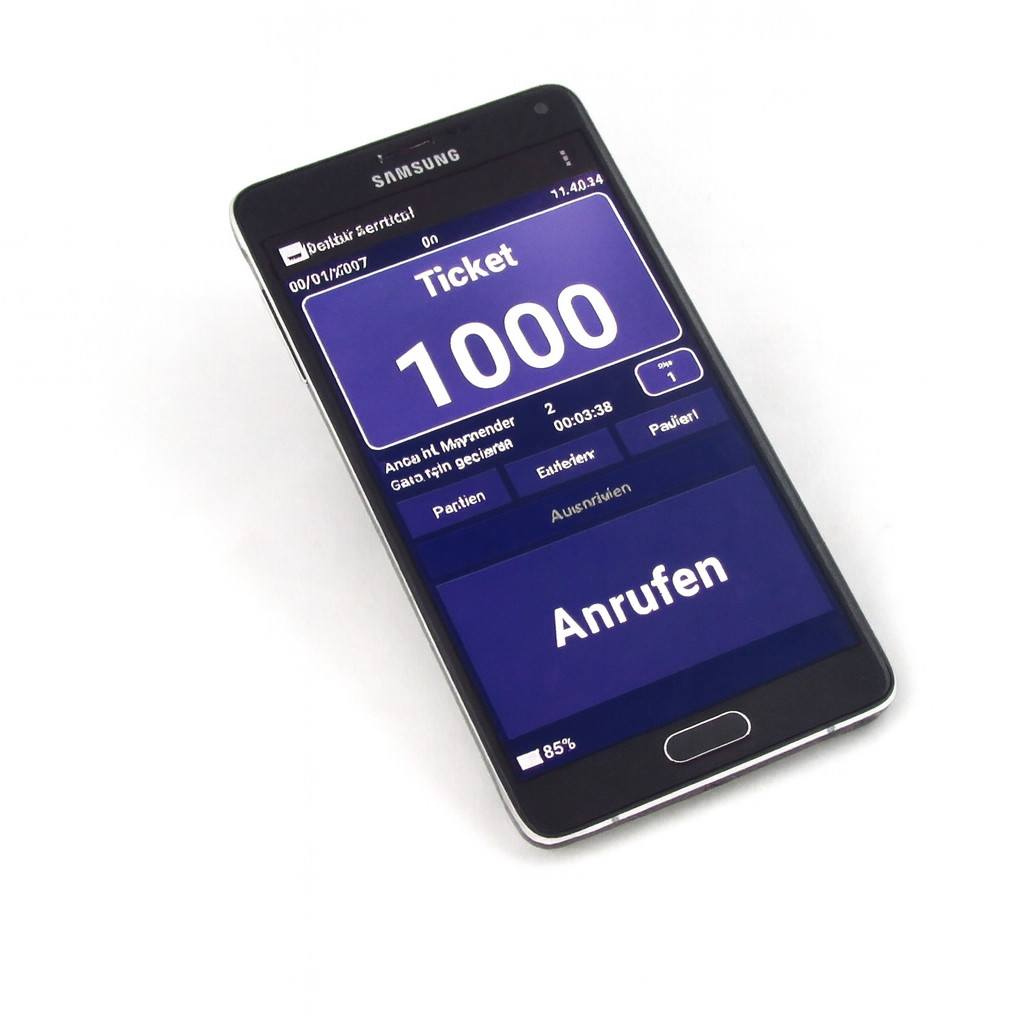 Android-Smartphone mit Q-smart Warteschlangenaufruf-App für Ticketnummer 1000