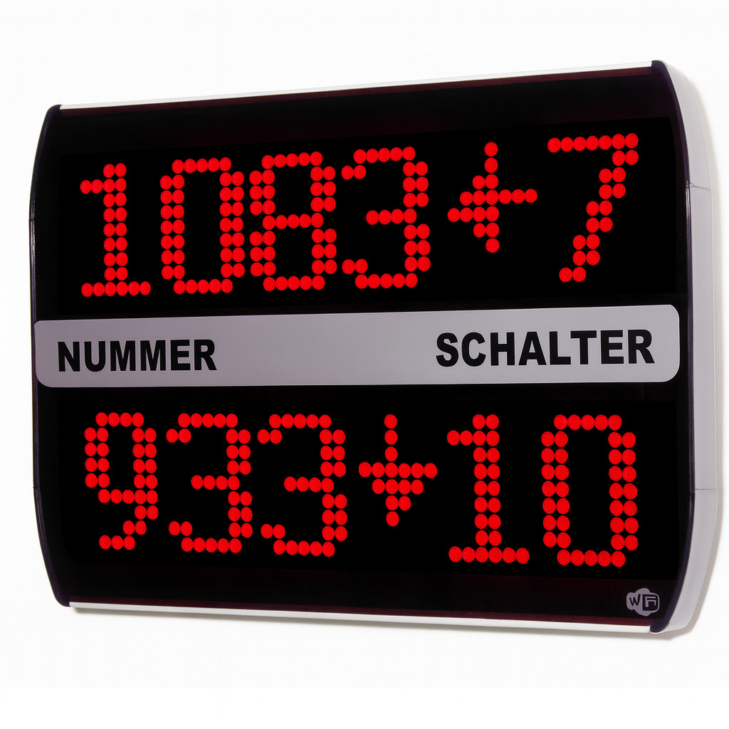 Q-smart CURWE LED-Hauptanzeige mit zweizeiliger roter Nummern- und Schaltersignalisierung, Modell für Wandmontage.