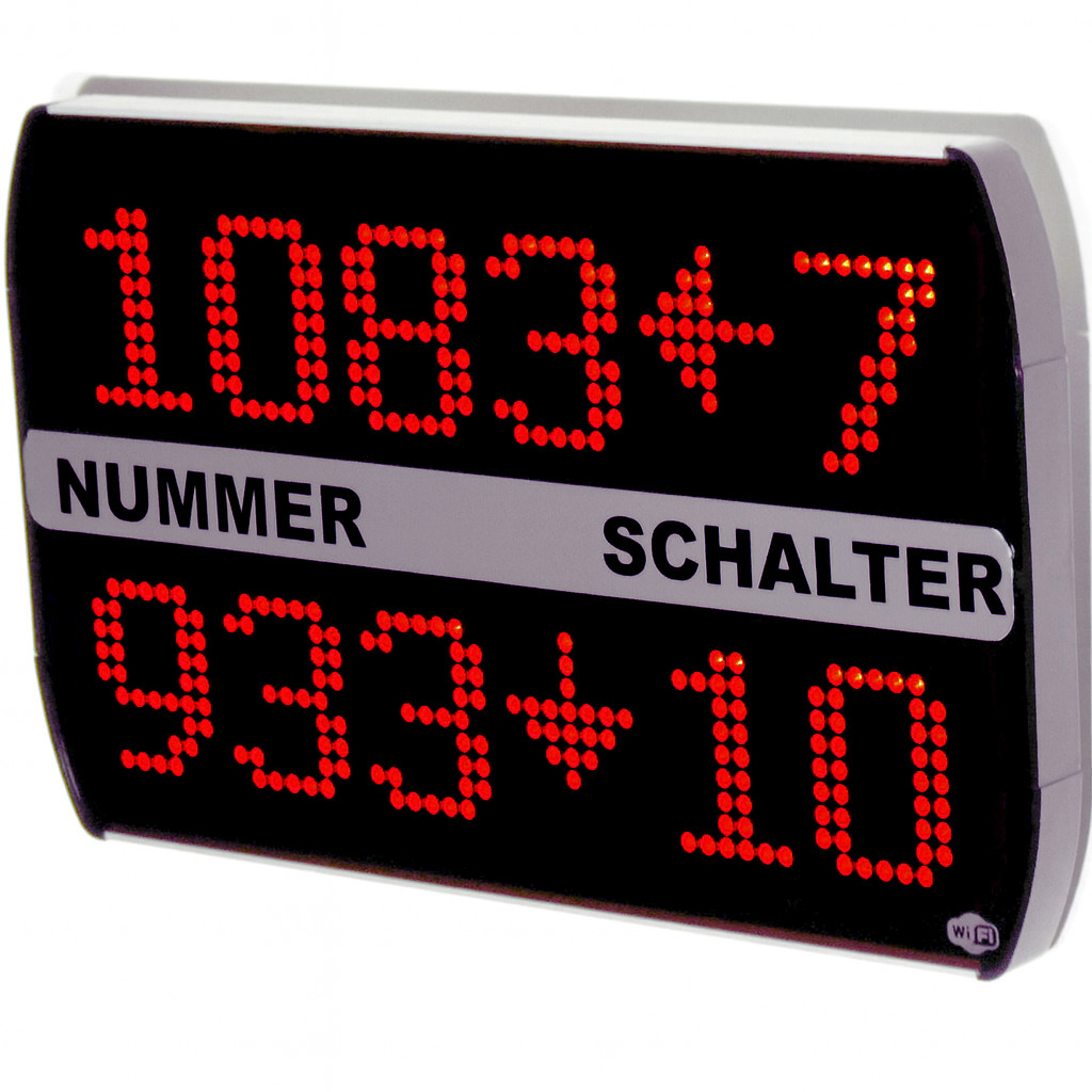 Q-smart CURWE LED-Hauptanzeige mit zweizeiliger roter Punktmatrixanzeige für Ticketnummern und Schalternummern, Wandmontage mit WLAN-Symbol.