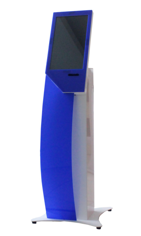 Freistehender Q-smart E3 Refleks S Wartemarkenautomat mit 22″ Touchscreen und integriertem Drucker in blau-weißem Design.