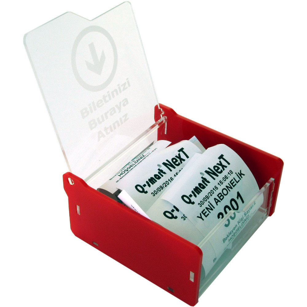 Rote Ticketsammelbox mit durchsichtigem Deckel und Aufschrift „Biletinizi Buraya Atınız“