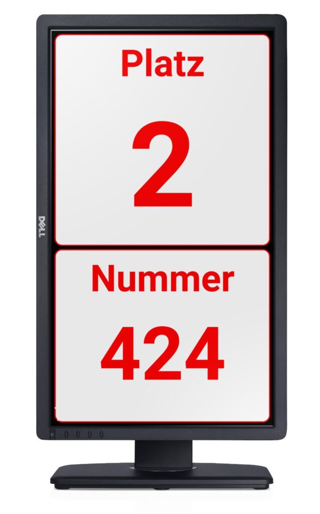 LCD-Bildschirm mit Ticketnummer 424 und Platznummer 2 für Warteschlangensysteme
